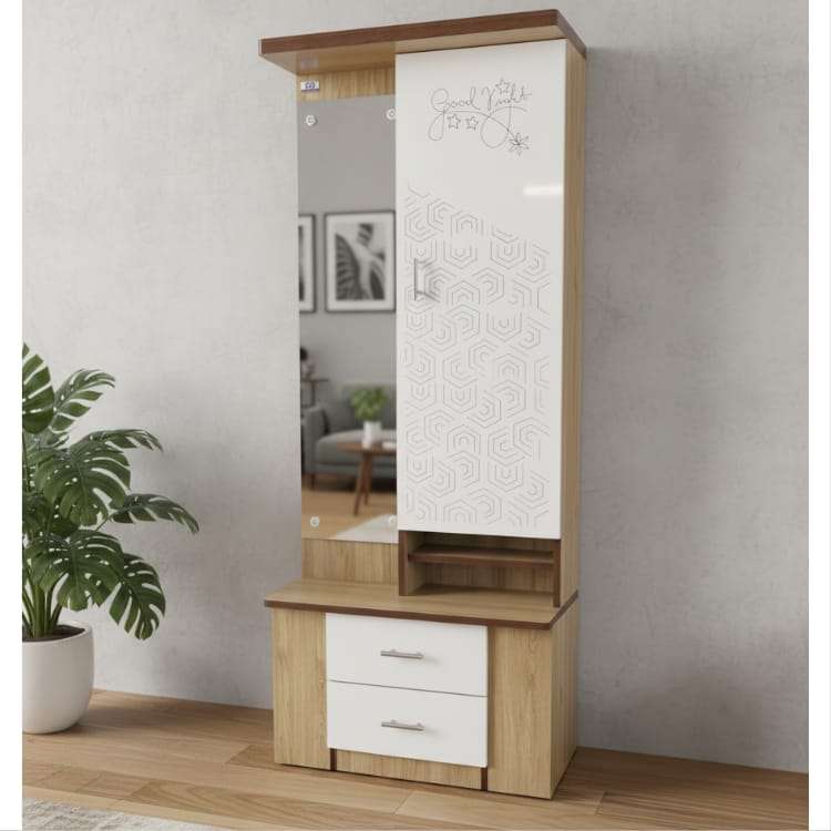 Light Wood and White Dual Tone Dressing Table with Mirror and Storage
